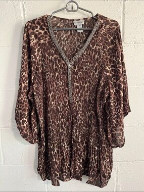Catherines Leopard Print Beaded V-Neck Blouse- NWOT- 2XP
